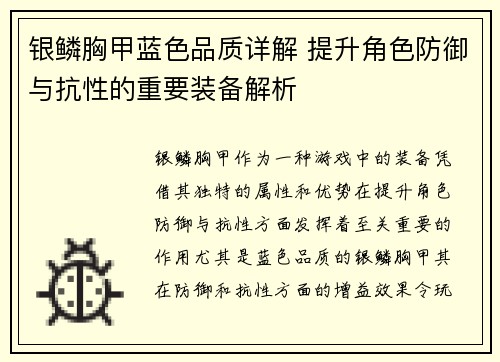 银鳞胸甲蓝色品质详解 提升角色防御与抗性的重要装备解析